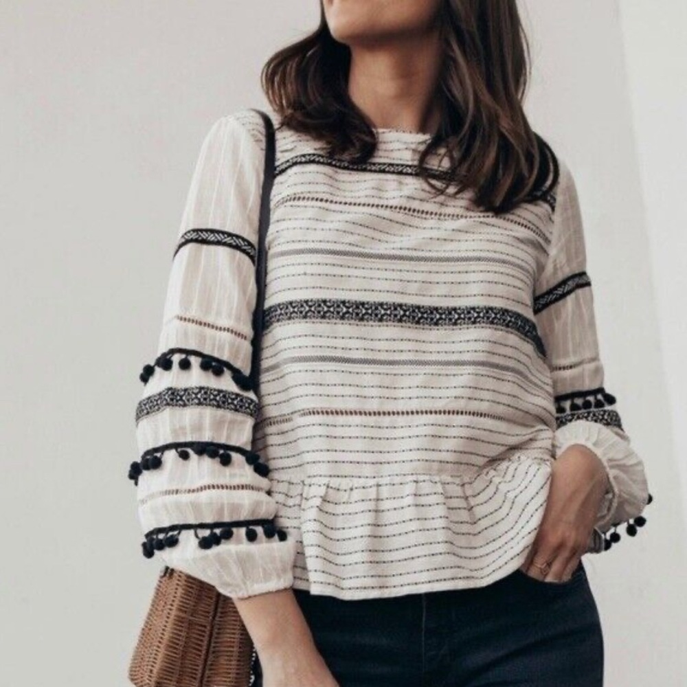 Zara Striped Blouse with Pom Pom Details